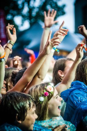 Publiek met handen in de lucht tijdens ParkCity Live, Heerlen 5 juli 2014